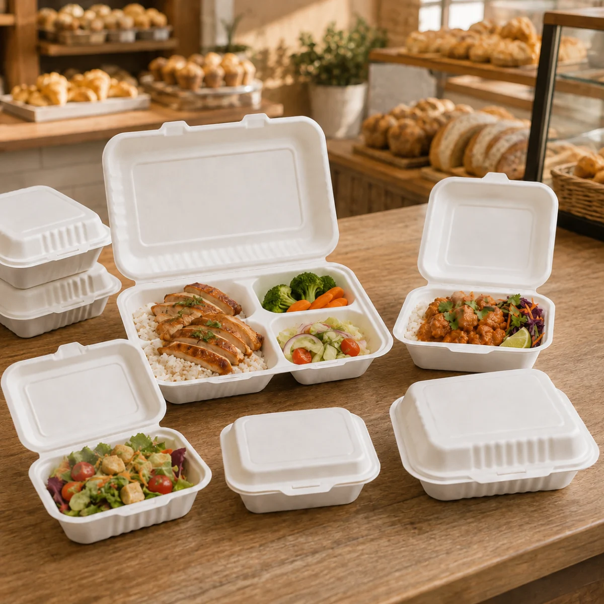 Compostable food clamshell packaging for bakery and fresh food products