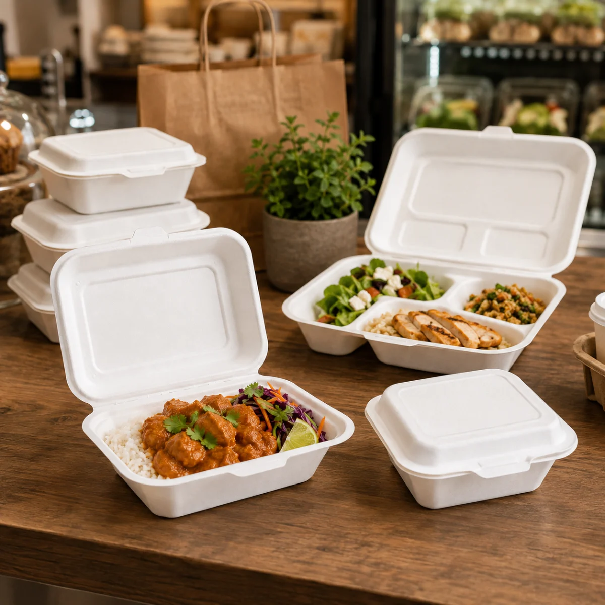 Molded pulp food containers for catering and commercial kitchens