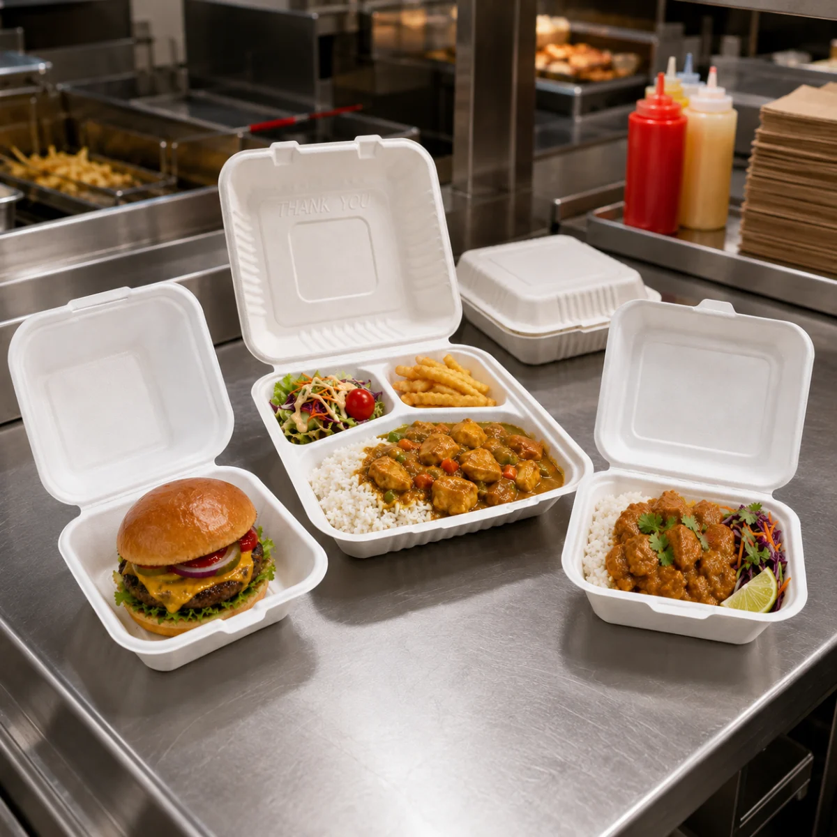 Molded pulp clamshell packaging for catering and food brands