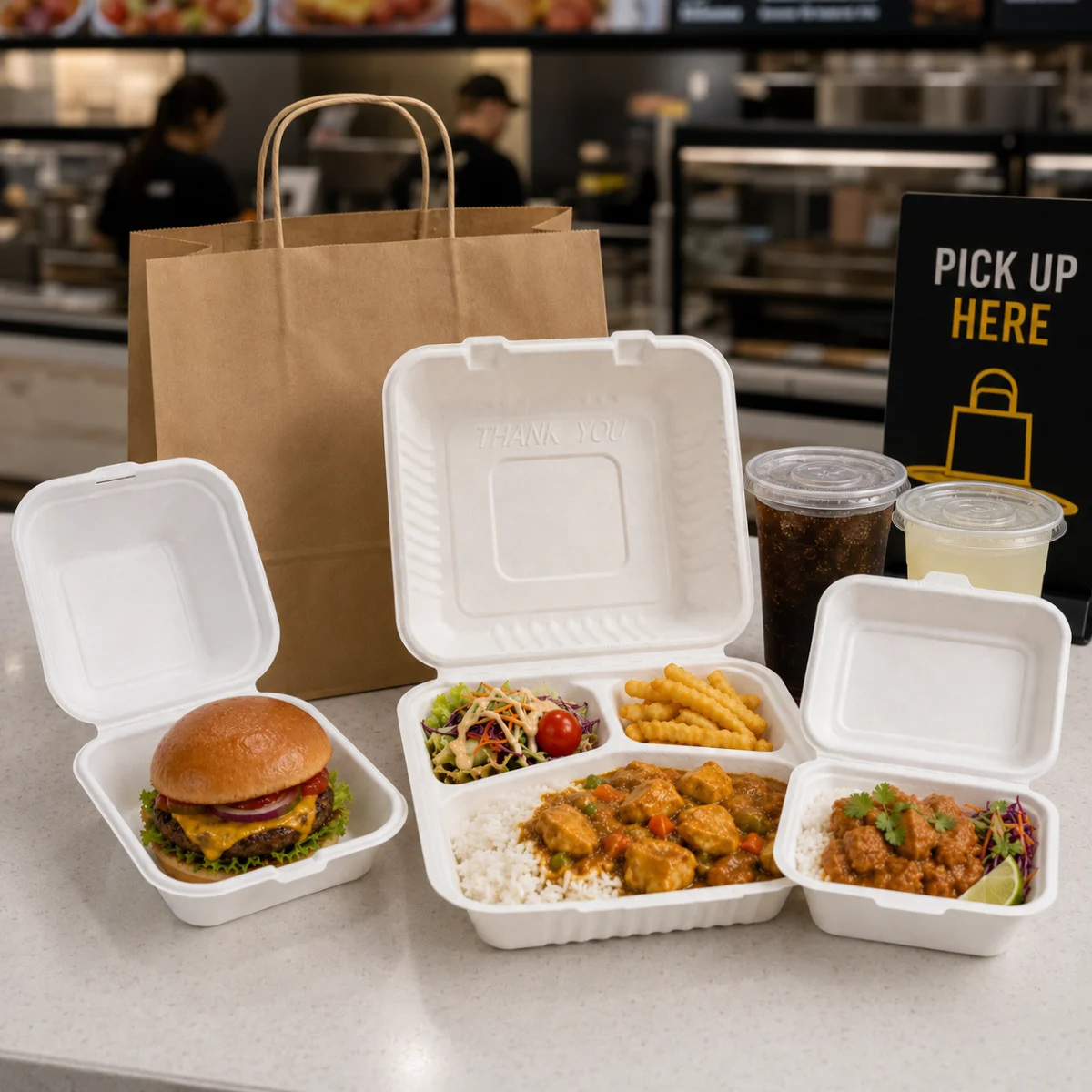 Molded pulp clamshell packaging for fast food chains