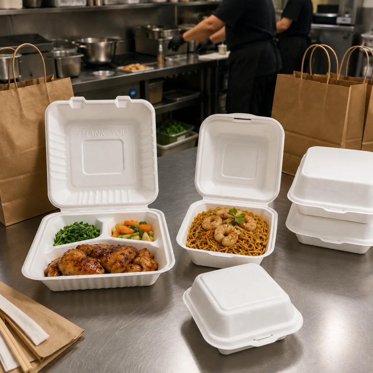 Molded pulp clamshell containers for food delivery packaging