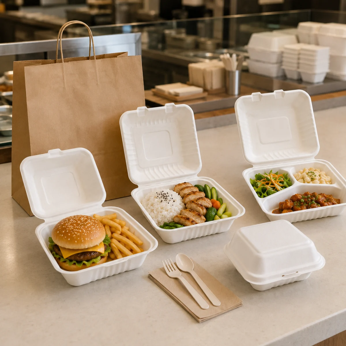 Molded pulp clamshell containers for restaurants and takeaway food packaging
