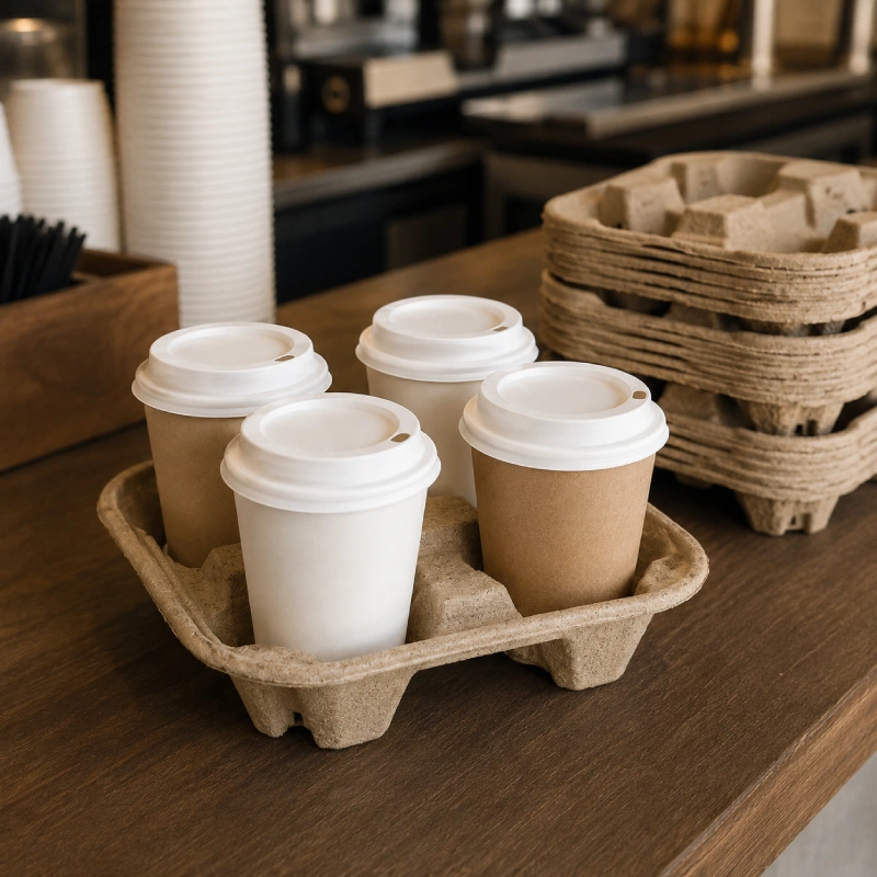 Molded pulp drink carriers for restaurants and foodservice operations