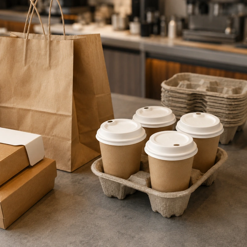 Paper pulp drink carriers for takeaway beverage services