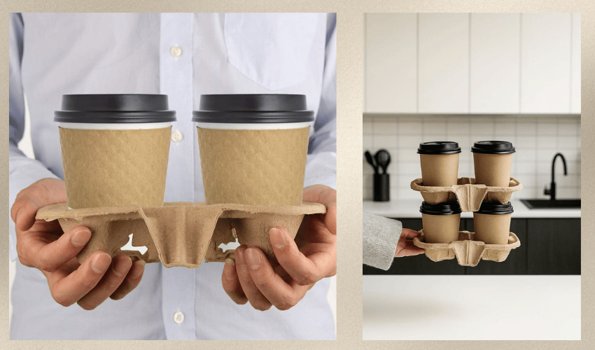 Recycled paper pulp cup holder for coffee takeaway Recycled paper pulp cup holder for coffee takeaway